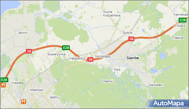 mapa Gorzebądz gmina Sianów, Gorzebądz gmina Sianów na mapie Targeo