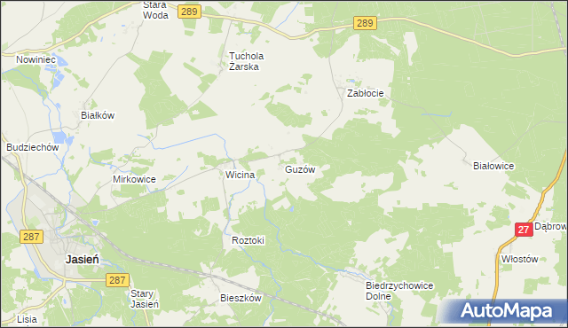 mapa Guzów gmina Jasień, Guzów gmina Jasień na mapie Targeo