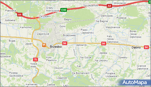 mapa Jadowniki gmina Brzesko, Jadowniki gmina Brzesko na mapie Targeo