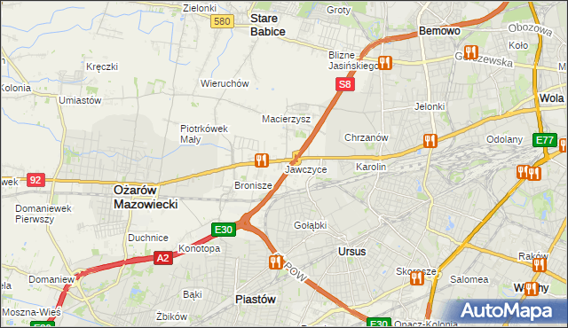 mapa Jawczyce gmina Ożarów Mazowiecki, Jawczyce gmina Ożarów Mazowiecki na mapie Targeo