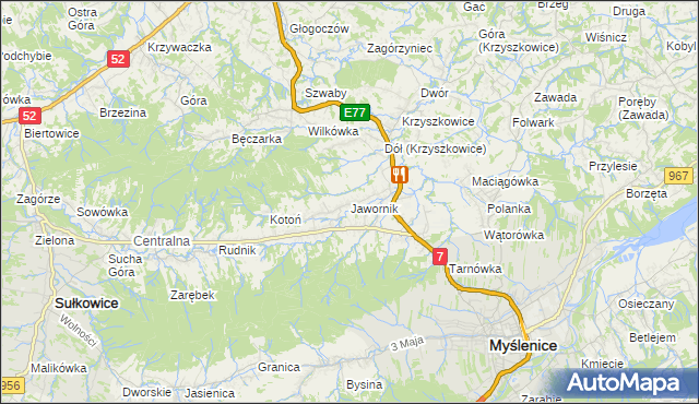 mapa Jawornik gmina Myślenice, Jawornik gmina Myślenice na mapie Targeo