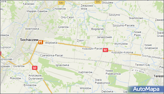 mapa Kożuszki-Parcel, Kożuszki-Parcel na mapie Targeo