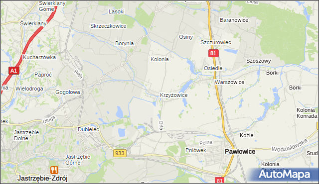 mapa Krzyżowice gmina Pawłowice, Krzyżowice gmina Pawłowice na mapie Targeo