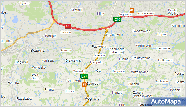 mapa Libertów gmina Mogilany, Libertów gmina Mogilany na mapie Targeo