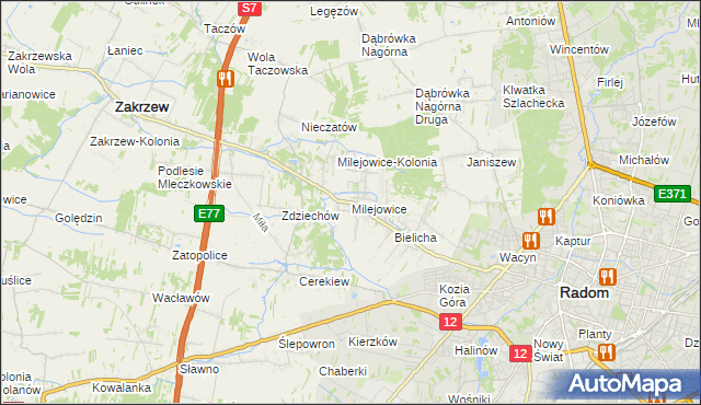 mapa Milejowice gmina Zakrzew, Milejowice gmina Zakrzew na mapie Targeo