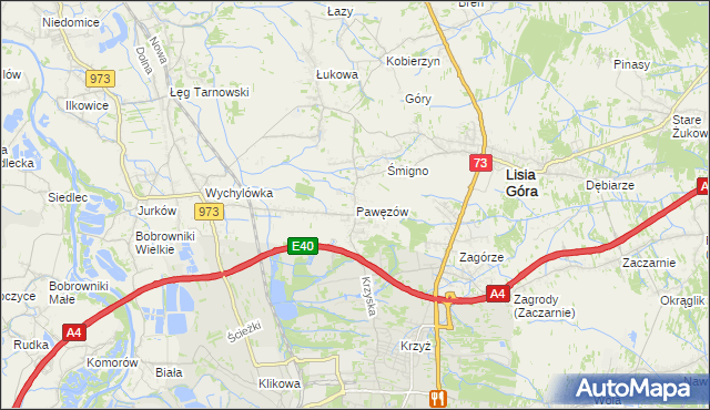 mapa Pawęzów gmina Lisia Góra, Pawęzów gmina Lisia Góra na mapie Targeo