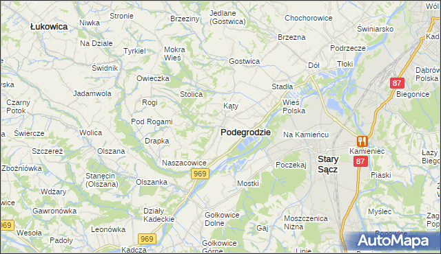 mapa Podegrodzie powiat nowosądecki, Podegrodzie powiat nowosądecki na mapie Targeo