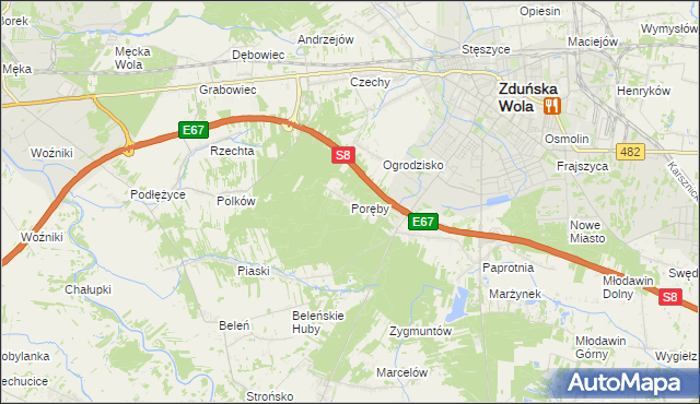 mapa Poręby gmina Zduńska Wola, Poręby gmina Zduńska Wola na mapie Targeo