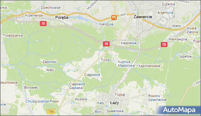 mapa Turza gmina Łazy, Turza gmina Łazy na mapie Targeo