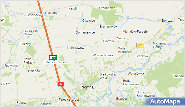 mapa Wojciechówka gmina Promna, Wojciechówka gmina Promna na mapie Targeo