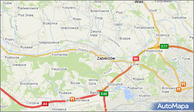 mapa Zabierzów powiat krakowski, Zabierzów powiat krakowski na mapie Targeo