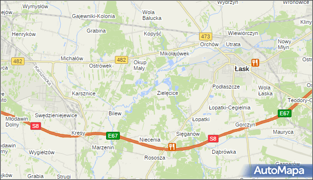 mapa Zielęcice gmina Łask, Zielęcice gmina Łask na mapie Targeo