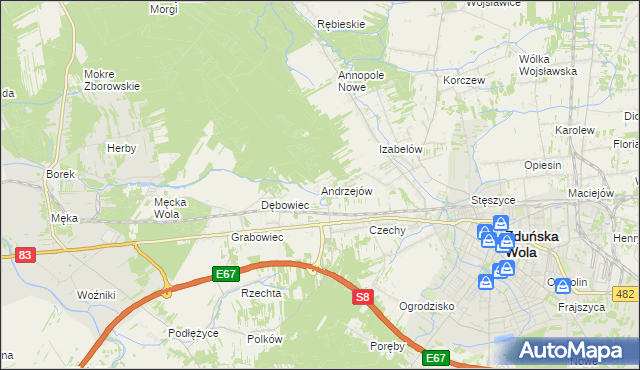 mapa Andrzejów gmina Zduńska Wola, Andrzejów gmina Zduńska Wola na mapie Targeo