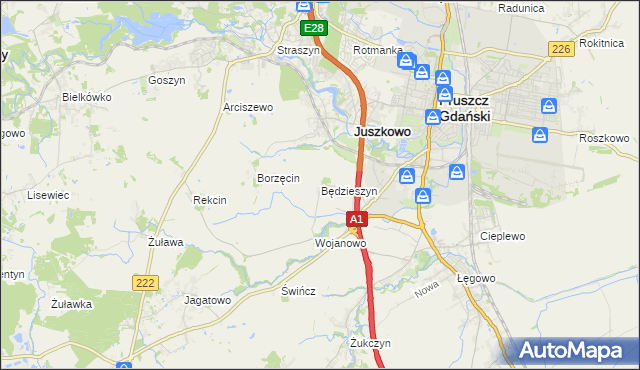 mapa Będzieszyn gmina Pruszcz Gdański, Będzieszyn gmina Pruszcz Gdański na mapie Targeo