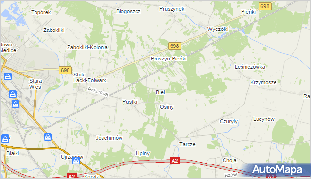 mapa Biel gmina Siedlce, Biel gmina Siedlce na mapie Targeo