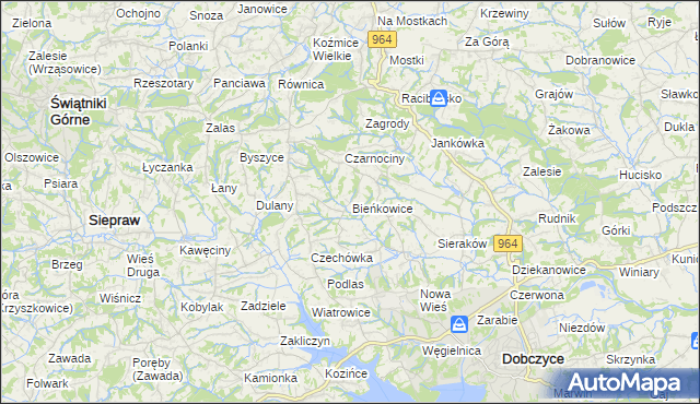 mapa Bieńkowice gmina Dobczyce, Bieńkowice gmina Dobczyce na mapie Targeo