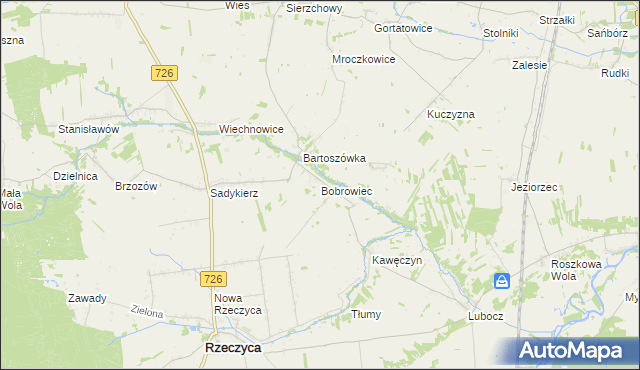 mapa Bobrowiec gmina Rzeczyca, Bobrowiec gmina Rzeczyca na mapie Targeo
