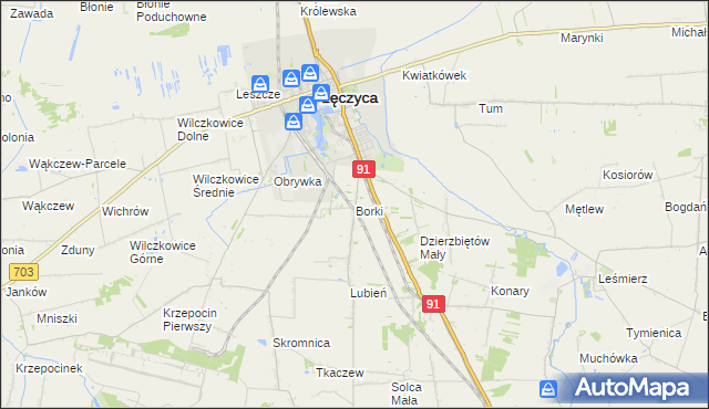 mapa Borki gmina Łęczyca, Borki gmina Łęczyca na mapie Targeo