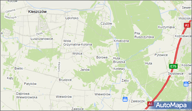 mapa Borowa gmina Dobryszyce, Borowa gmina Dobryszyce na mapie Targeo