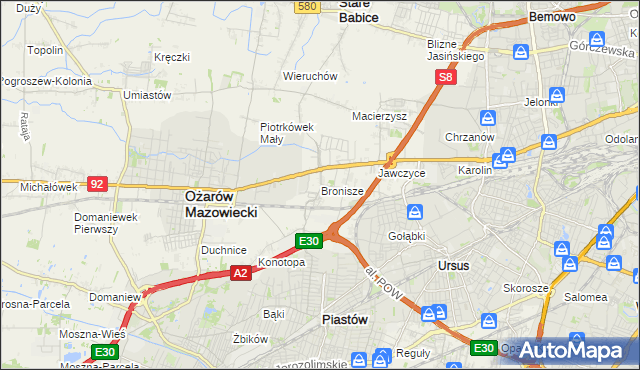 mapa Bronisze gmina Ożarów Mazowiecki, Bronisze gmina Ożarów Mazowiecki na mapie Targeo