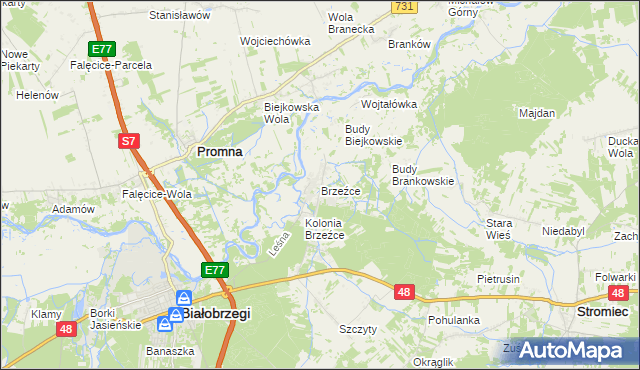 mapa Brzeźce gmina Białobrzegi, Brzeźce gmina Białobrzegi na mapie Targeo