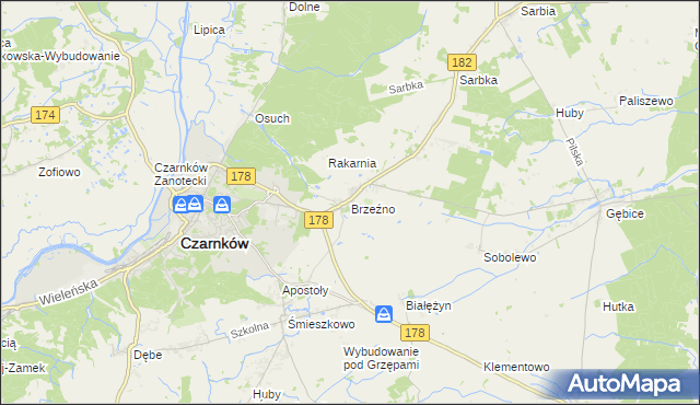 mapa Brzeźno gmina Czarnków, Brzeźno gmina Czarnków na mapie Targeo