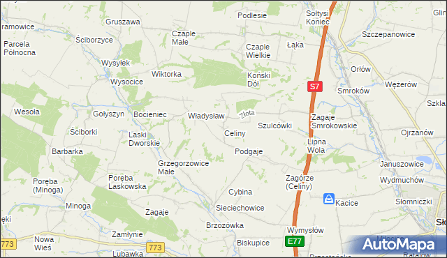 mapa Celiny gmina Iwanowice, Celiny gmina Iwanowice na mapie Targeo