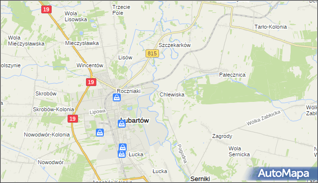 mapa Chlewiska gmina Lubartów, Chlewiska gmina Lubartów na mapie Targeo