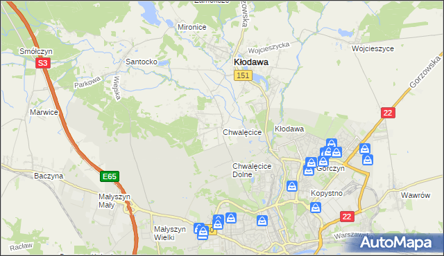 mapa Chwalęcice gmina Kłodawa, Chwalęcice gmina Kłodawa na mapie Targeo