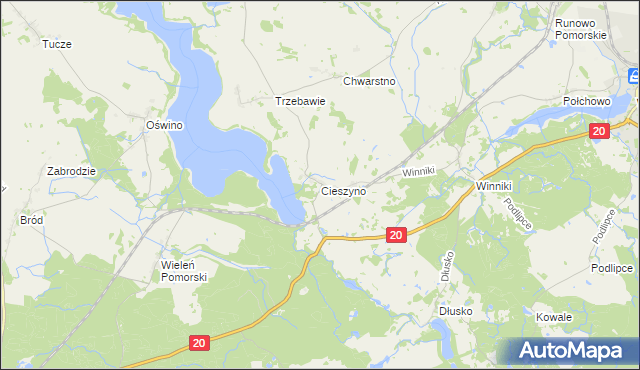 mapa Cieszyno gmina Węgorzyno, Cieszyno gmina Węgorzyno na mapie Targeo