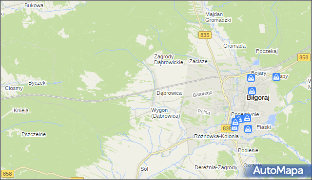 mapa Dąbrowica gmina Biłgoraj, Dąbrowica gmina Biłgoraj na mapie Targeo