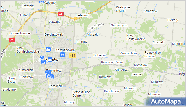 mapa Dobiecin gmina Bełchatów, Dobiecin gmina Bełchatów na mapie Targeo