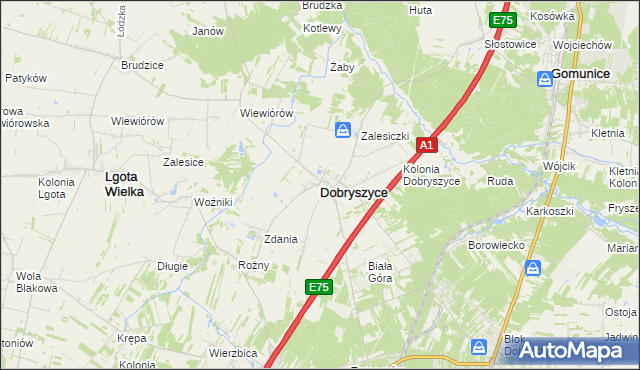 mapa Dobryszyce, Dobryszyce na mapie Targeo