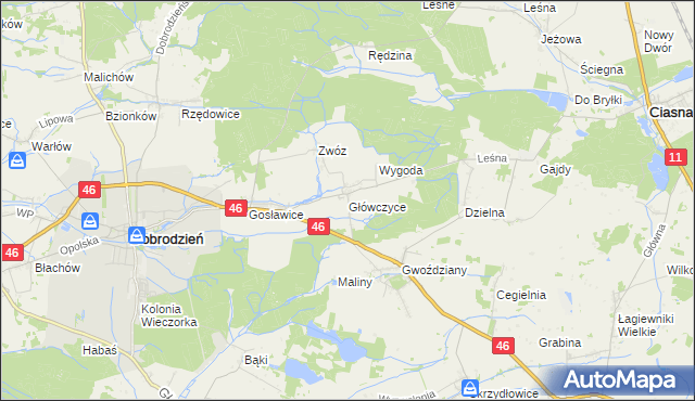 mapa Główczyce gmina Dobrodzień, Główczyce gmina Dobrodzień na mapie Targeo