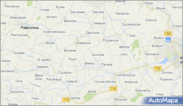 mapa Głuchów gmina Kazimierza Wielka, Głuchów gmina Kazimierza Wielka na mapie Targeo