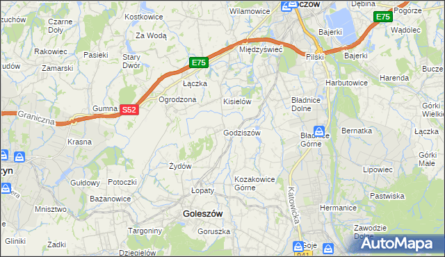 mapa Godziszów gmina Goleszów, Godziszów gmina Goleszów na mapie Targeo
