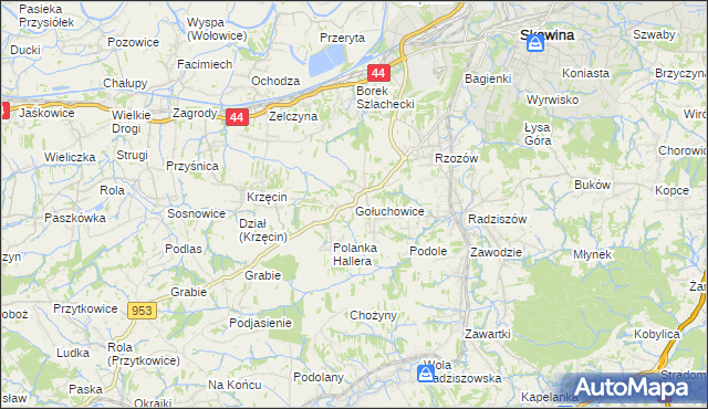 mapa Gołuchowice gmina Skawina, Gołuchowice gmina Skawina na mapie Targeo