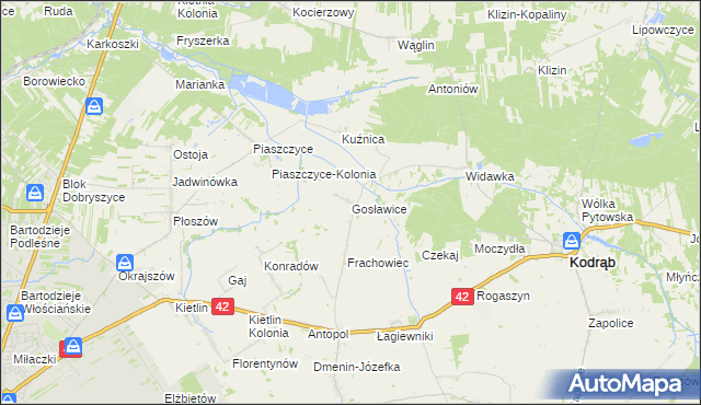 mapa Gosławice gmina Kodrąb, Gosławice gmina Kodrąb na mapie Targeo