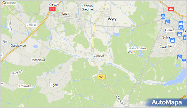 mapa Gostyń gmina Wyry, Gostyń gmina Wyry na mapie Targeo