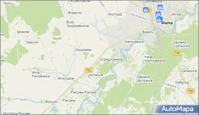 mapa Grzegorzewice gmina Warka, Grzegorzewice gmina Warka na mapie Targeo