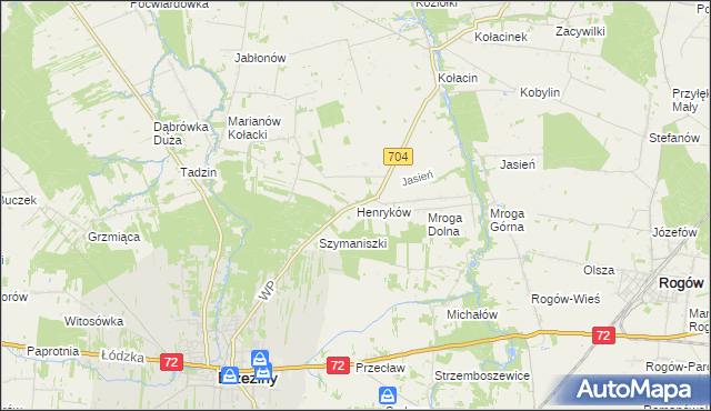 mapa Henryków gmina Brzeziny, Henryków gmina Brzeziny na mapie Targeo