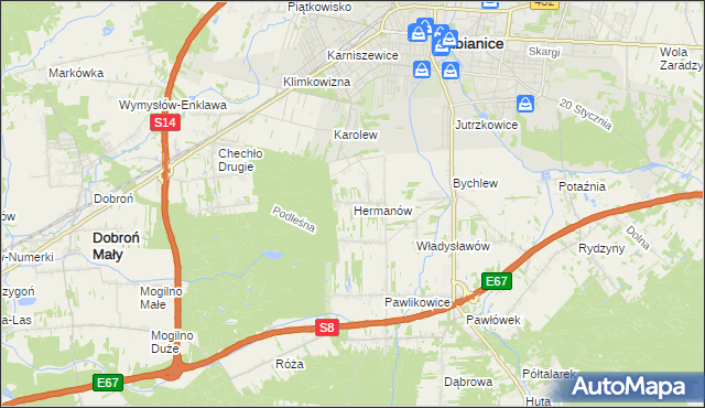 mapa Hermanów gmina Pabianice, Hermanów gmina Pabianice na mapie Targeo