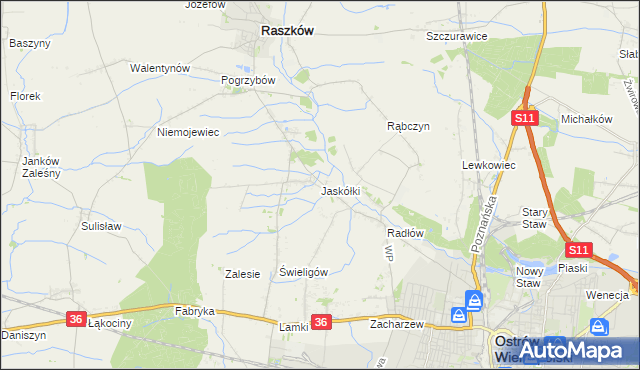 mapa Jaskółki gmina Raszków, Jaskółki gmina Raszków na mapie Targeo