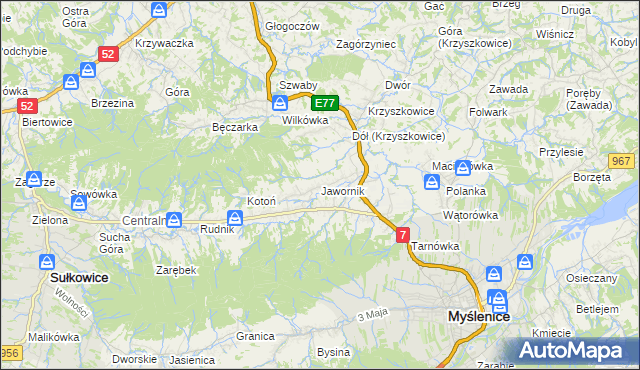 mapa Jawornik gmina Myślenice, Jawornik gmina Myślenice na mapie Targeo