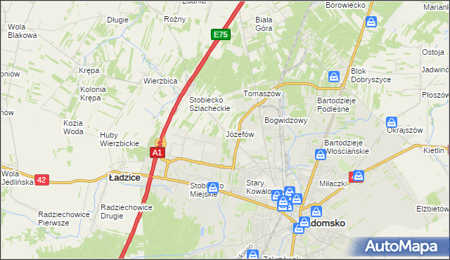 mapa Józefów gmina Ładzice, Józefów gmina Ładzice na mapie Targeo