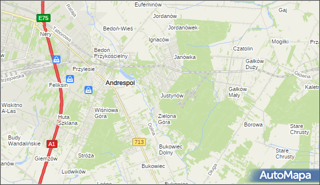 mapa Justynów gmina Andrespol, Justynów gmina Andrespol na mapie Targeo
