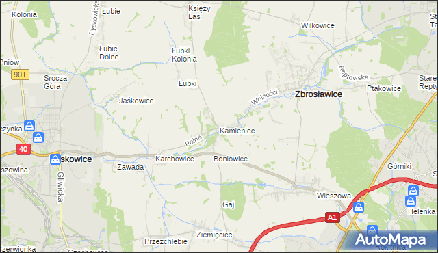 mapa Kamieniec gmina Zbrosławice, Kamieniec gmina Zbrosławice na mapie Targeo