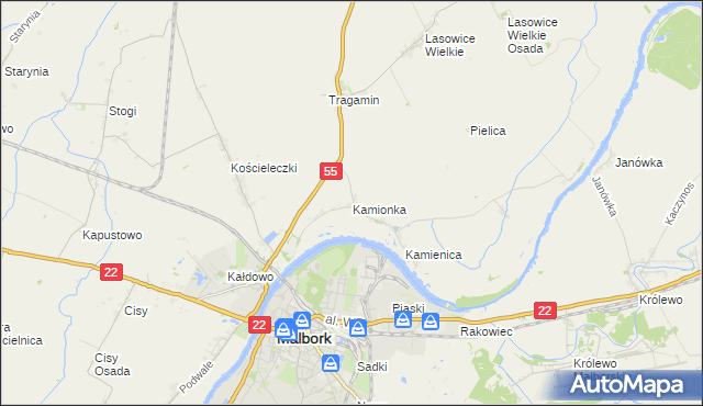 mapa Kamionka gmina Malbork, Kamionka gmina Malbork na mapie Targeo