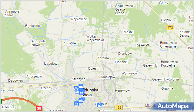 mapa Karolew gmina Zduńska Wola, Karolew gmina Zduńska Wola na mapie Targeo
