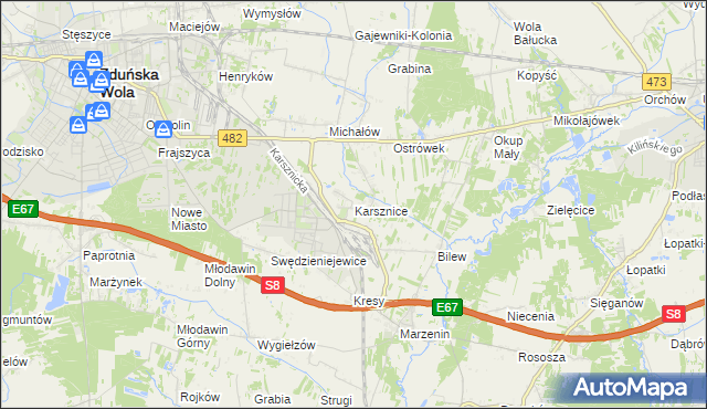 mapa Karsznice gmina Zduńska Wola, Karsznice gmina Zduńska Wola na mapie Targeo